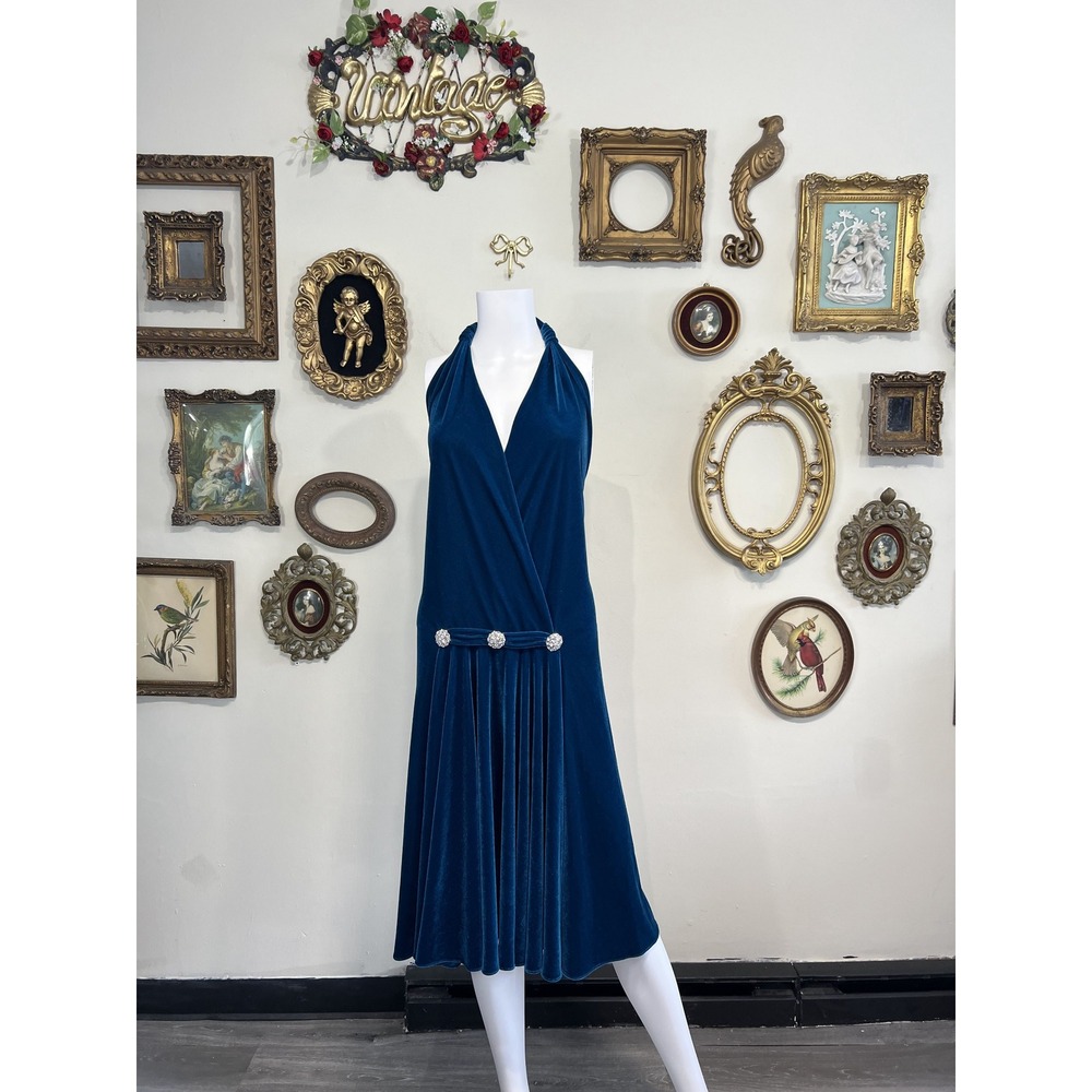 Marc Bouwer Vintage Style Teal Velvet Rhinestone Halter Dress